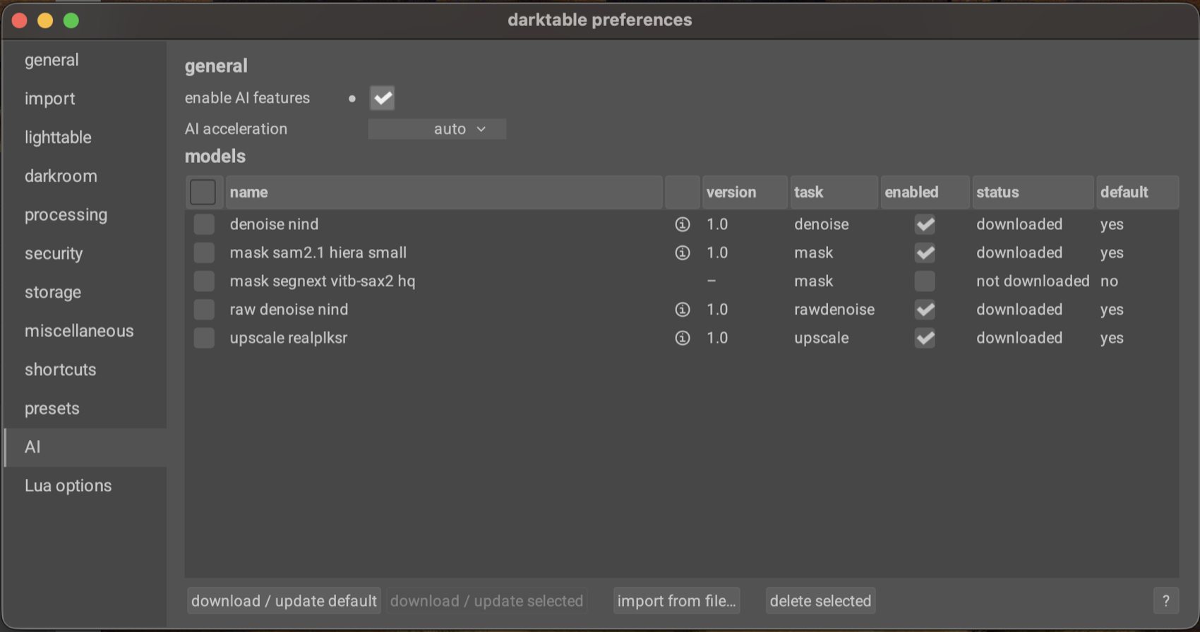 The AI preferences tab: enable, pick acceleration, manage models.