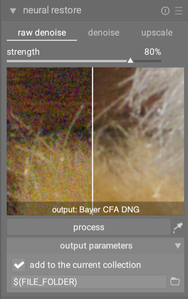 The raw denoise panel: outputs a Bayer CFA DNG.