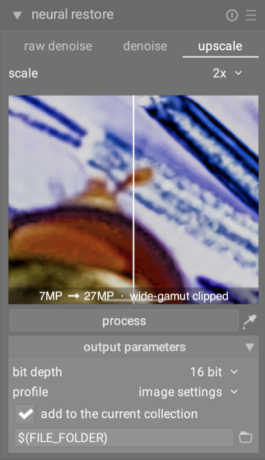 The upscale panel: pick a scale, get a much larger image.